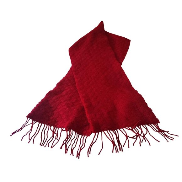 Amicale 100% Cashmere Red Woven Scarf With Fringe Ends 66x10 Inches - Picture 2 of 10
